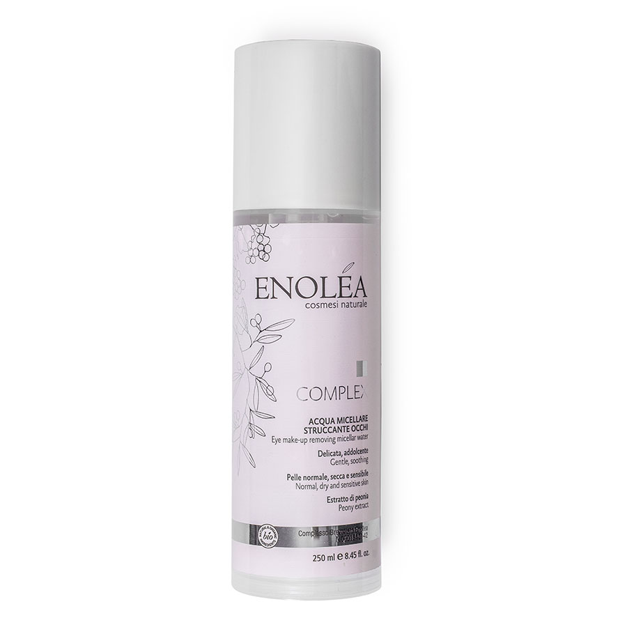 Packaging prodotto Acqua micellare struccante occhi Enolea con complesso brevettato Enolea e Peonia.