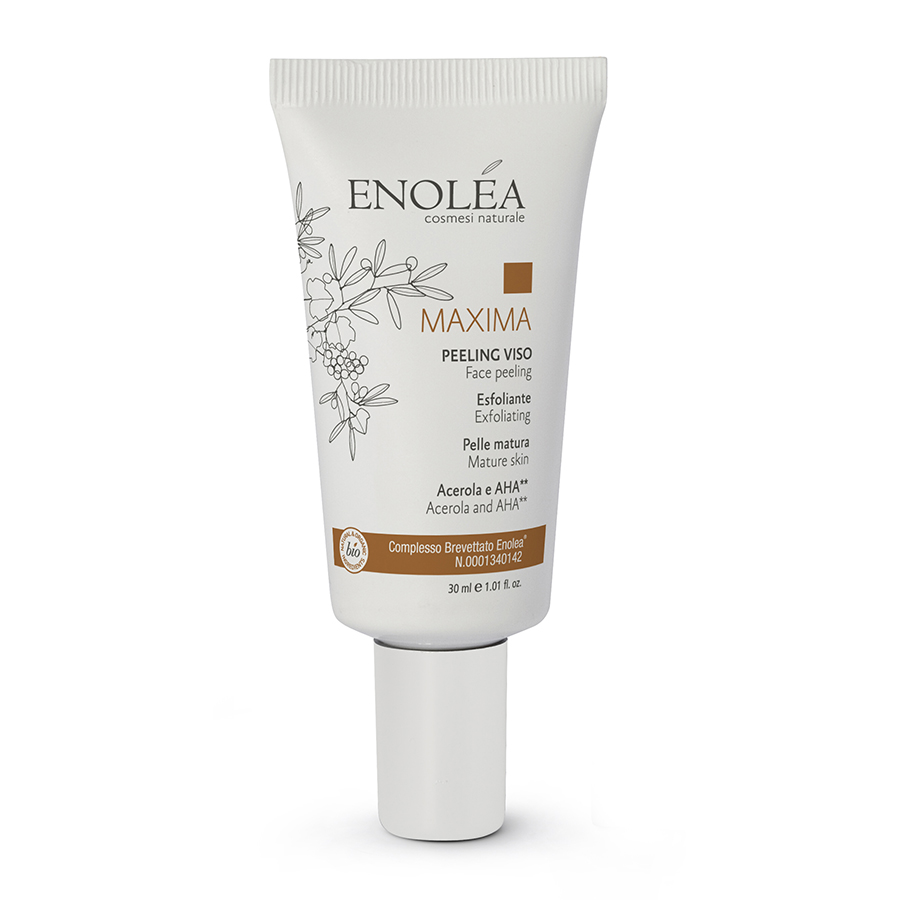 Peeling viso naturale linea Maxima Enolea con vitamina C e alfaidrossiacidi naturali, packaging bianco